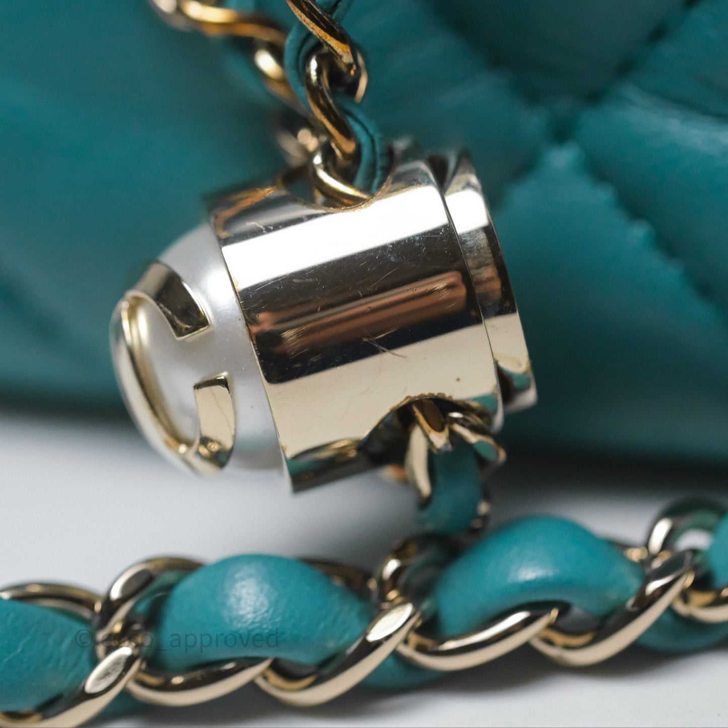 Chanel Pearl CC Drawstring Bucket Bag Teal Green Lambskin Gold Hardware
