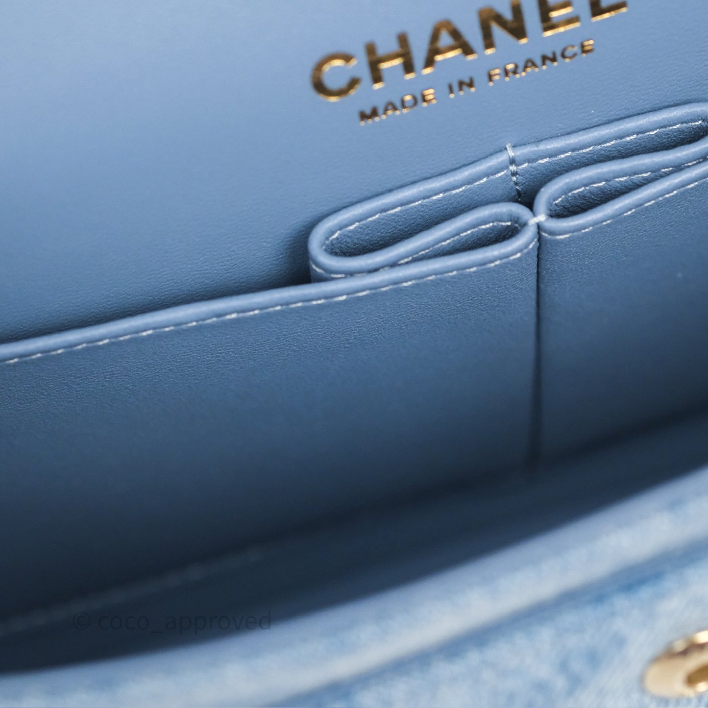 Chanel Quilted Small Double Flap Blue Printed Denim Gold Hardware