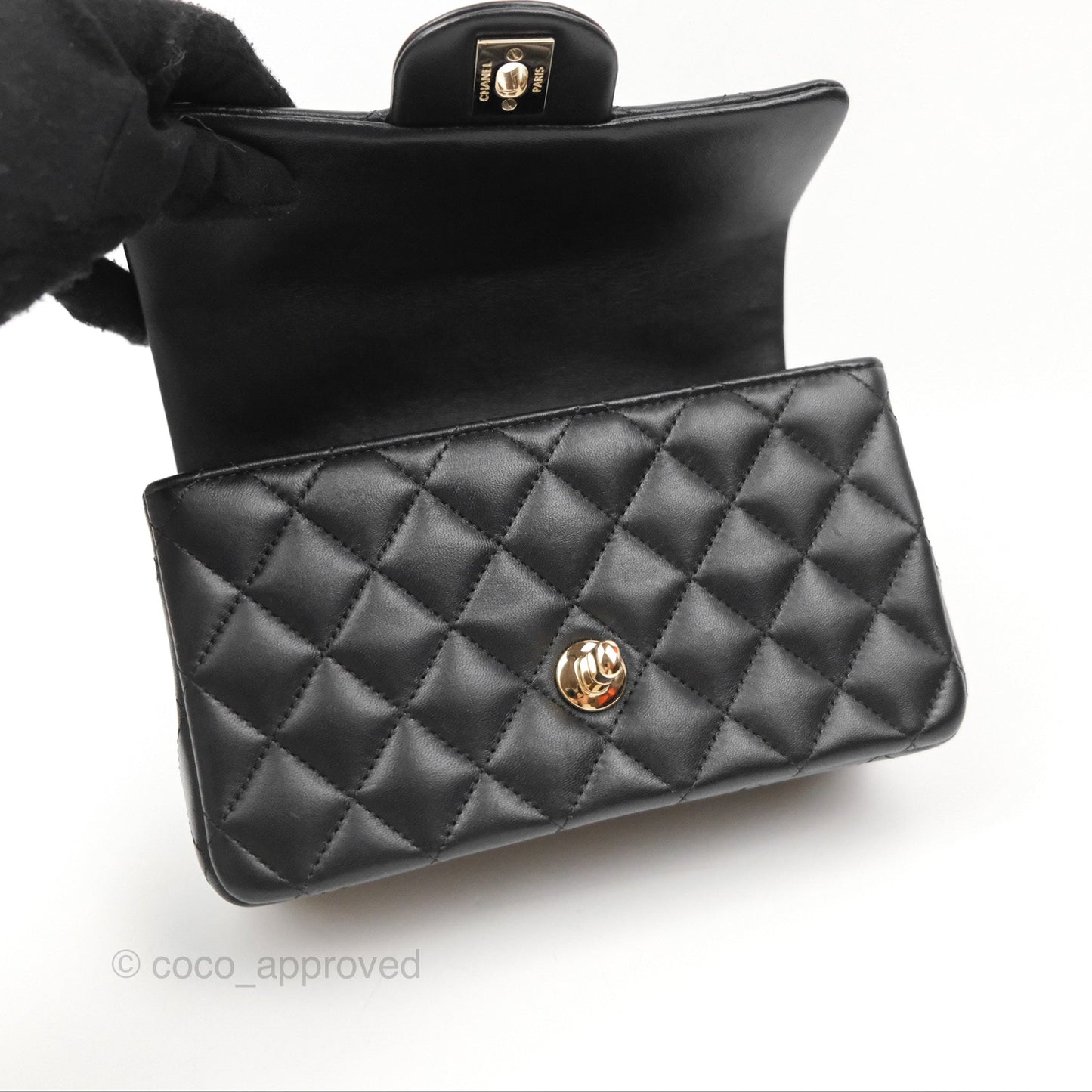 Chanel Top Handle Mini Rectangular Flap Bag with Charm Black Lambskin Gold Hardware