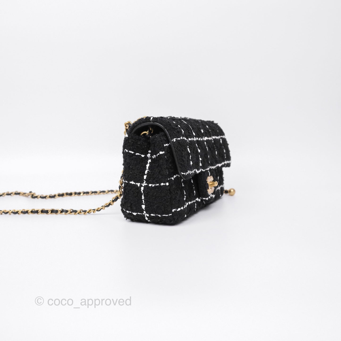 Chanel Pearl Crush Mini Rectangular Grid Black White Tweed Aged Gold Hardware