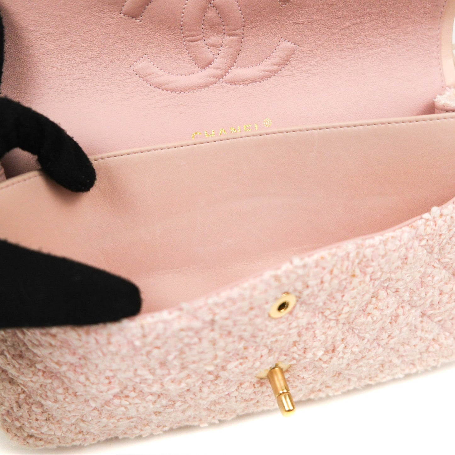 Chanel Classic M/L Medium Quilted Double Flap Pink Tweed Matte Gold Hardware