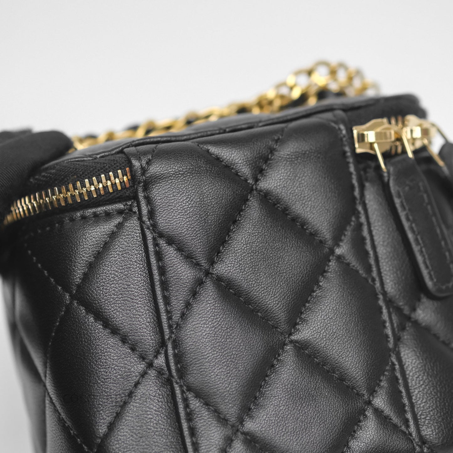 Chanel Mini Vanity With Double Chain Black Lambskin Aged Gold Hardware