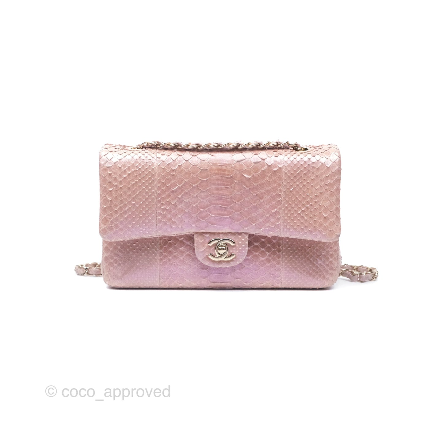 Chanel Classic M/L Medium Flap Quilted Iridescent Pink Python Gold Hardware