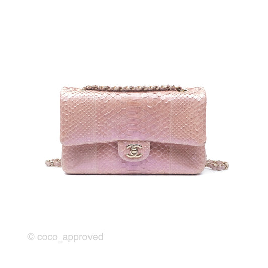 Chanel Classic M/L Medium Flap Quilted Iridescent Pink Python Gold Hardware