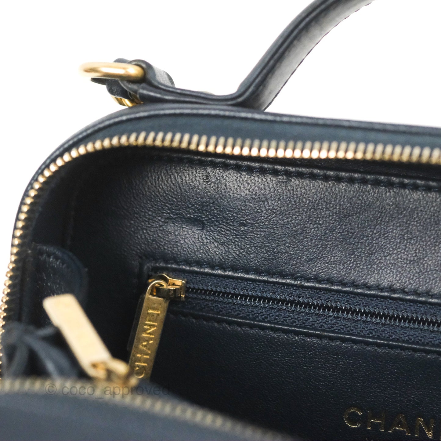 Chanel Quilted Medium CC Filigree Vanity Case Dark Navy Caviar Gold Hardware