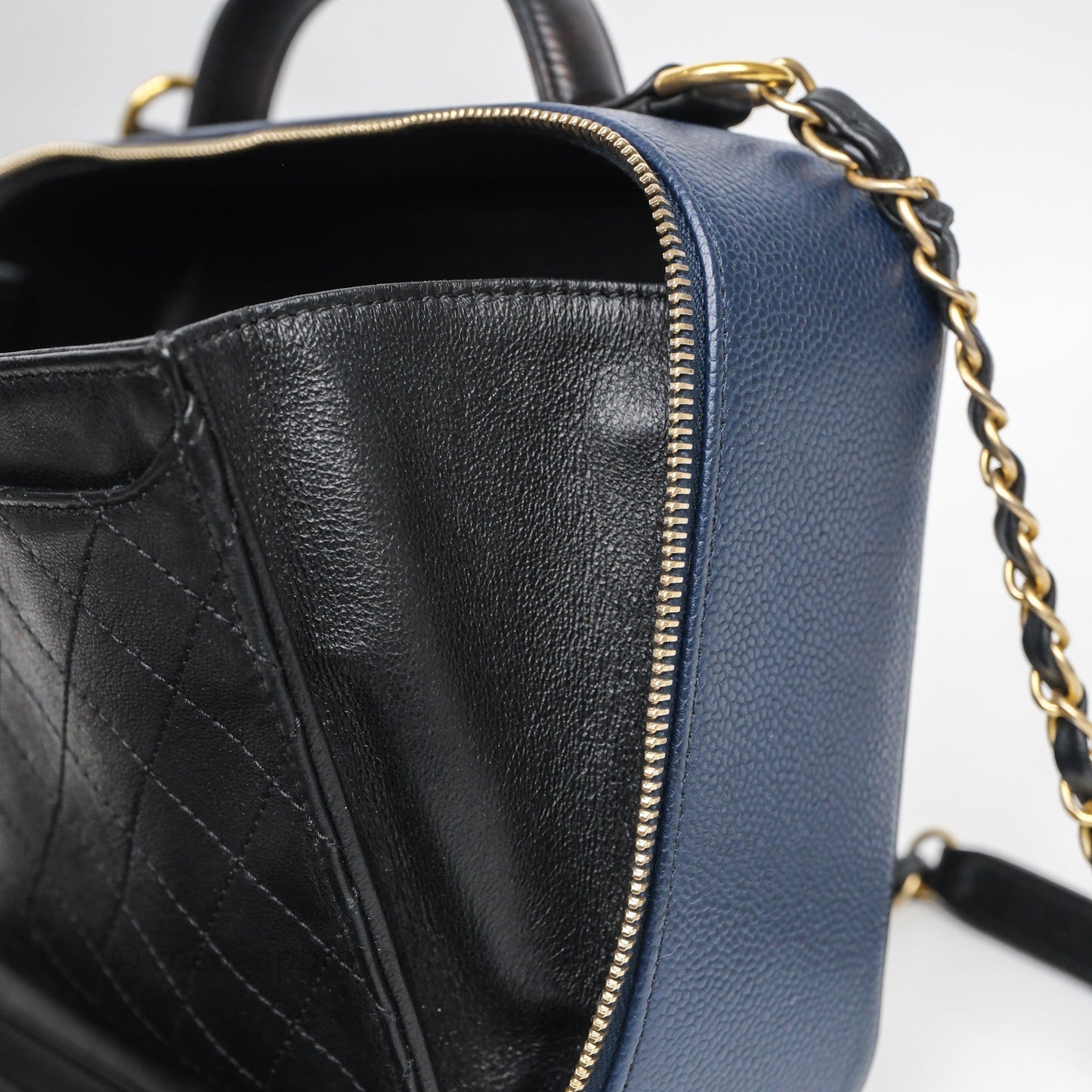 Chanel Quilted Large CC Filigree Vanity Case Navy Black Caviar Aged Gold Hardware