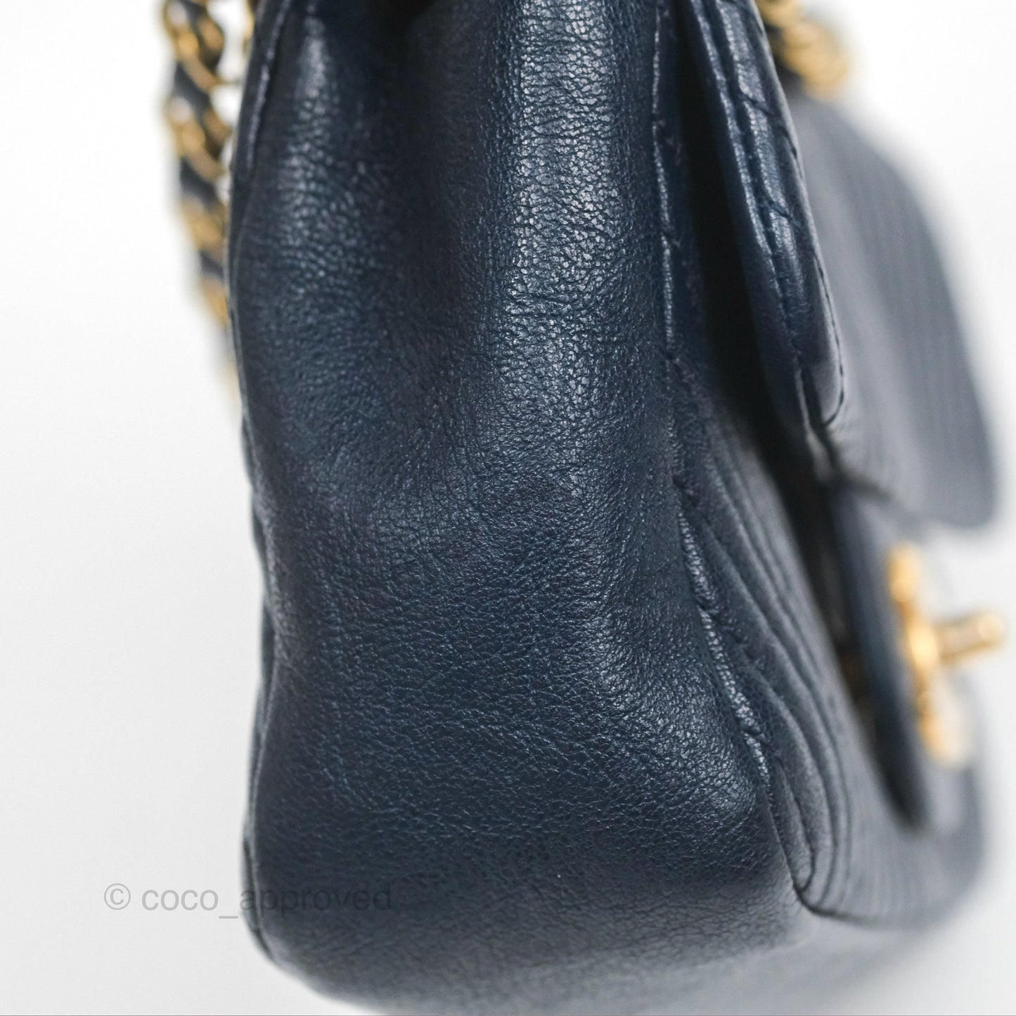 Chanel Small Chevron Surpique Flap Navy Calfskin Aged Gold Hardware