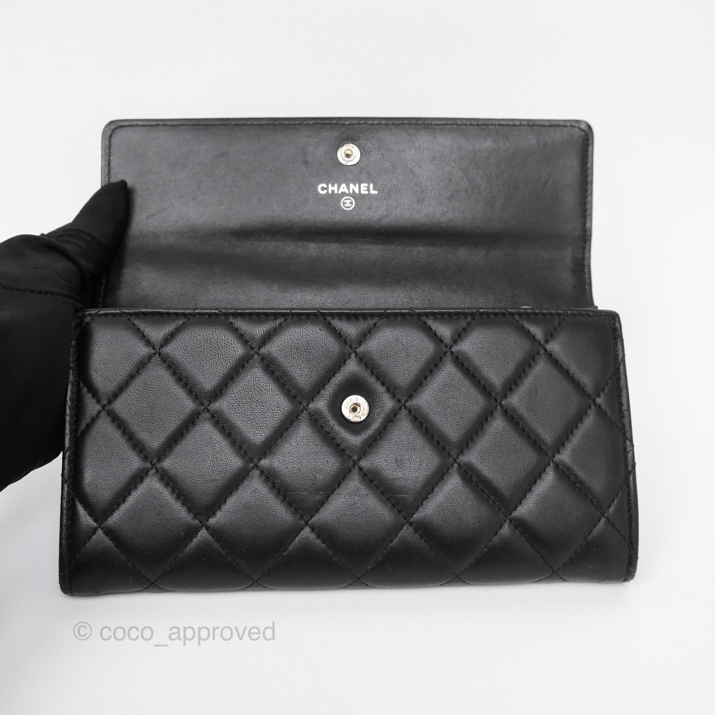 Chanel Classic Quilted Long Wallet Black Lambskin Silver Hardware