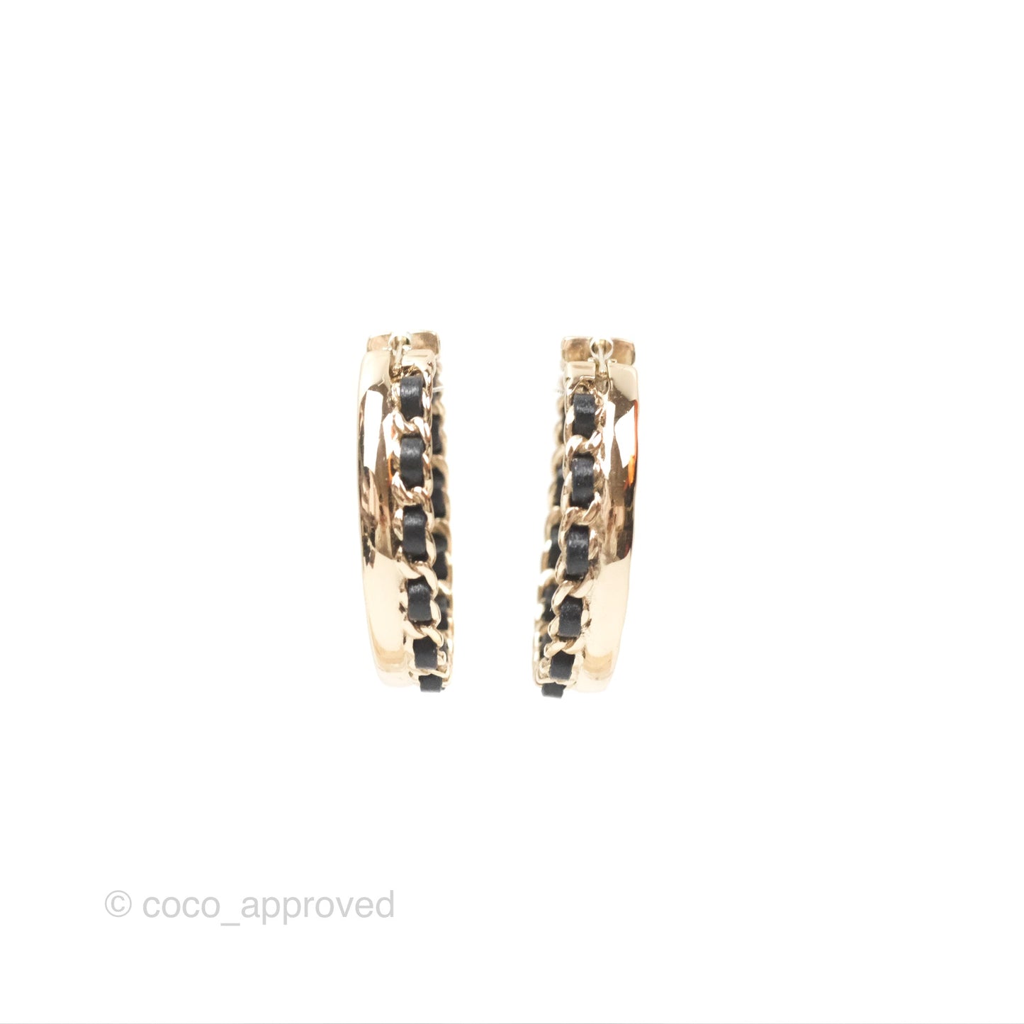 Chanel Gold Hoop Black Leather CC Earrings 22P