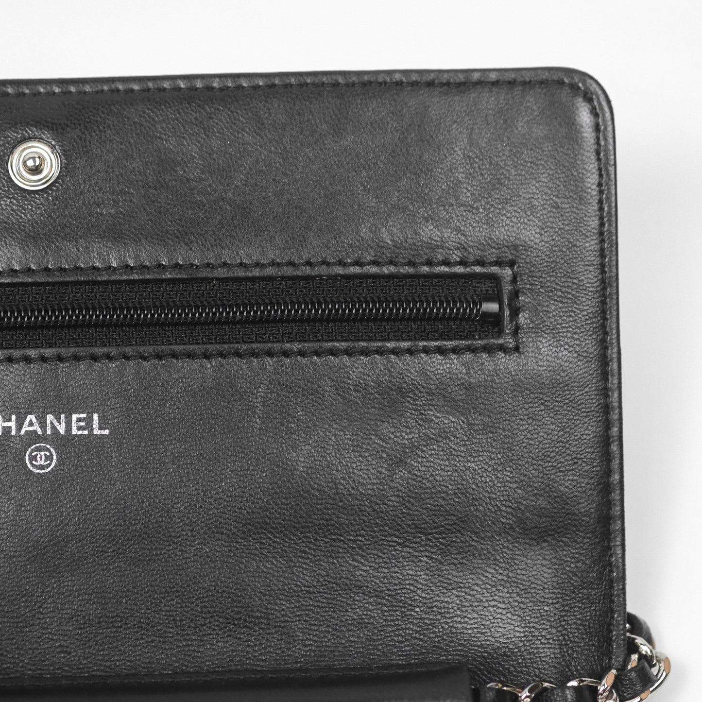 Chanel Camellia Embossed Wallet on Chain WOC Black Lambskin Silver Hardware
