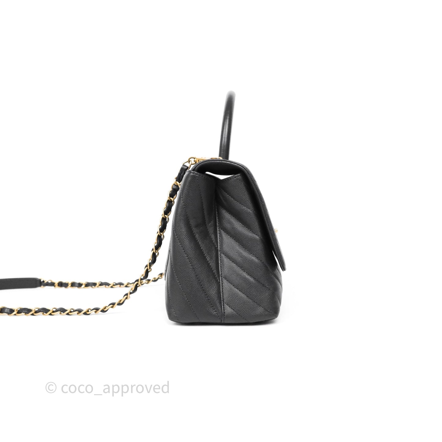 Chanel Medium Coco Handle Chevron Dark Grey Caviar Aged Gold Hardware