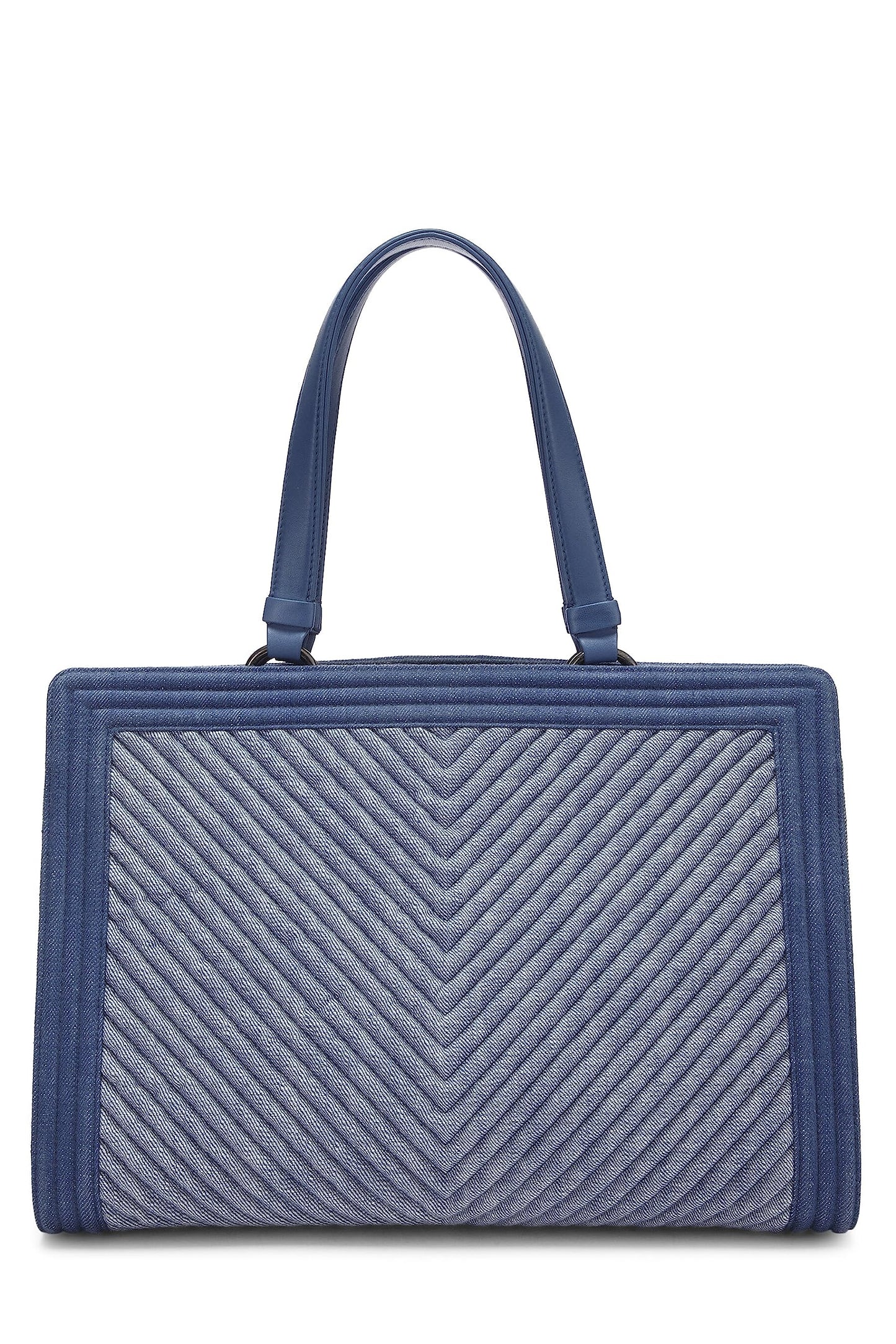 Chanel,  Blue Denim Chevron Boy Shopping Tote Large, Blue