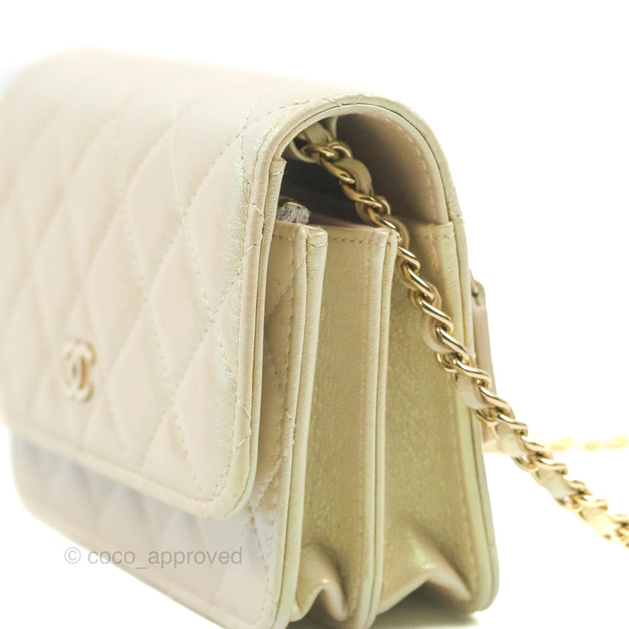 Chanel Quilted Mini Wallet on Chain WOC Iridescent Ivory Gold Hardware 20B