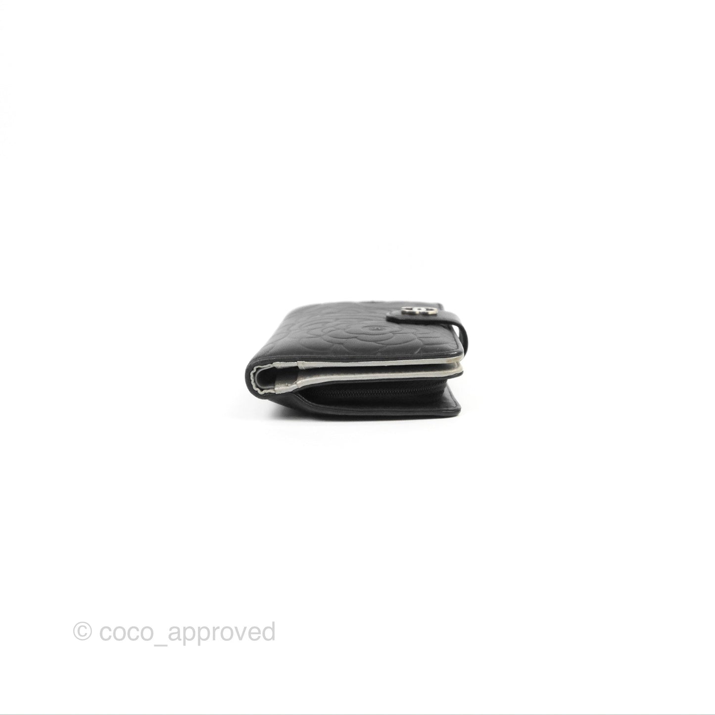 Chanel Wallet Black Camellia Embossed Lambskin Silver Hardware