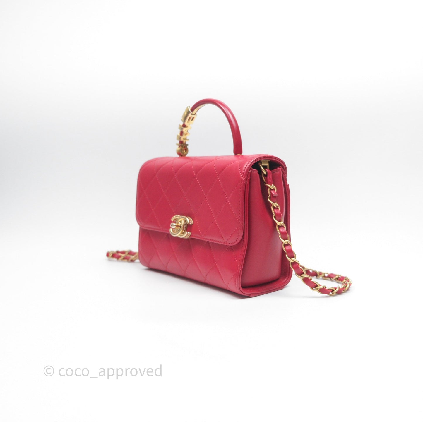 Chanel Quilted Flap Bag  with Pearl Logo Top Handle Red Lambskin Aged Gold Hardware