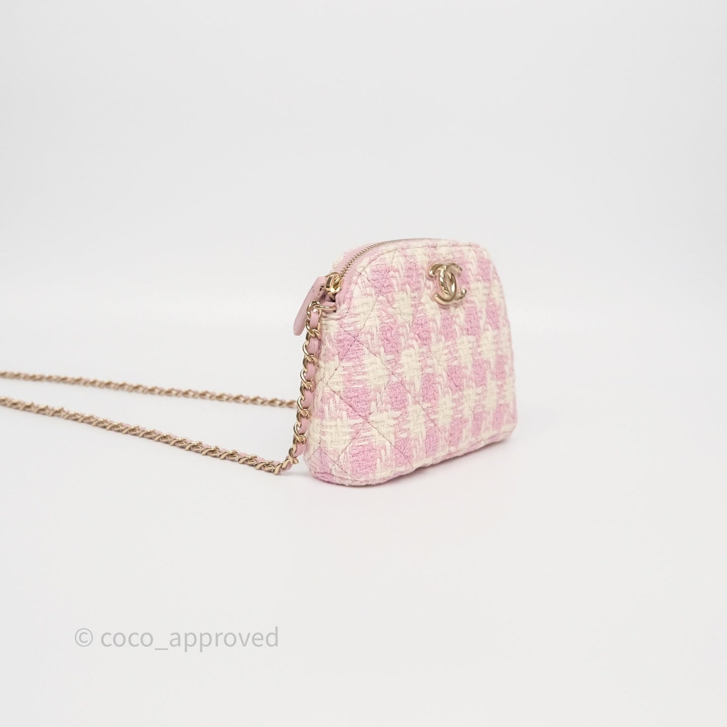 Chanel Mini Pouch On Chain White Pink Houndstooth Tweed Gold Hardware