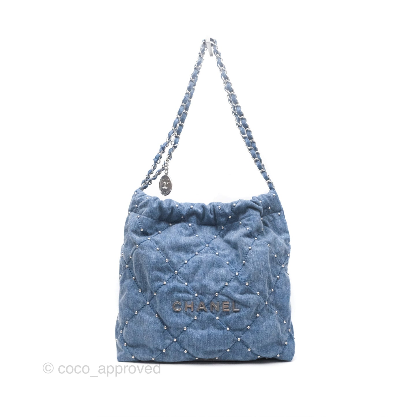 Chanel 22 Small Pearl Studded Denim Silver Hardware
