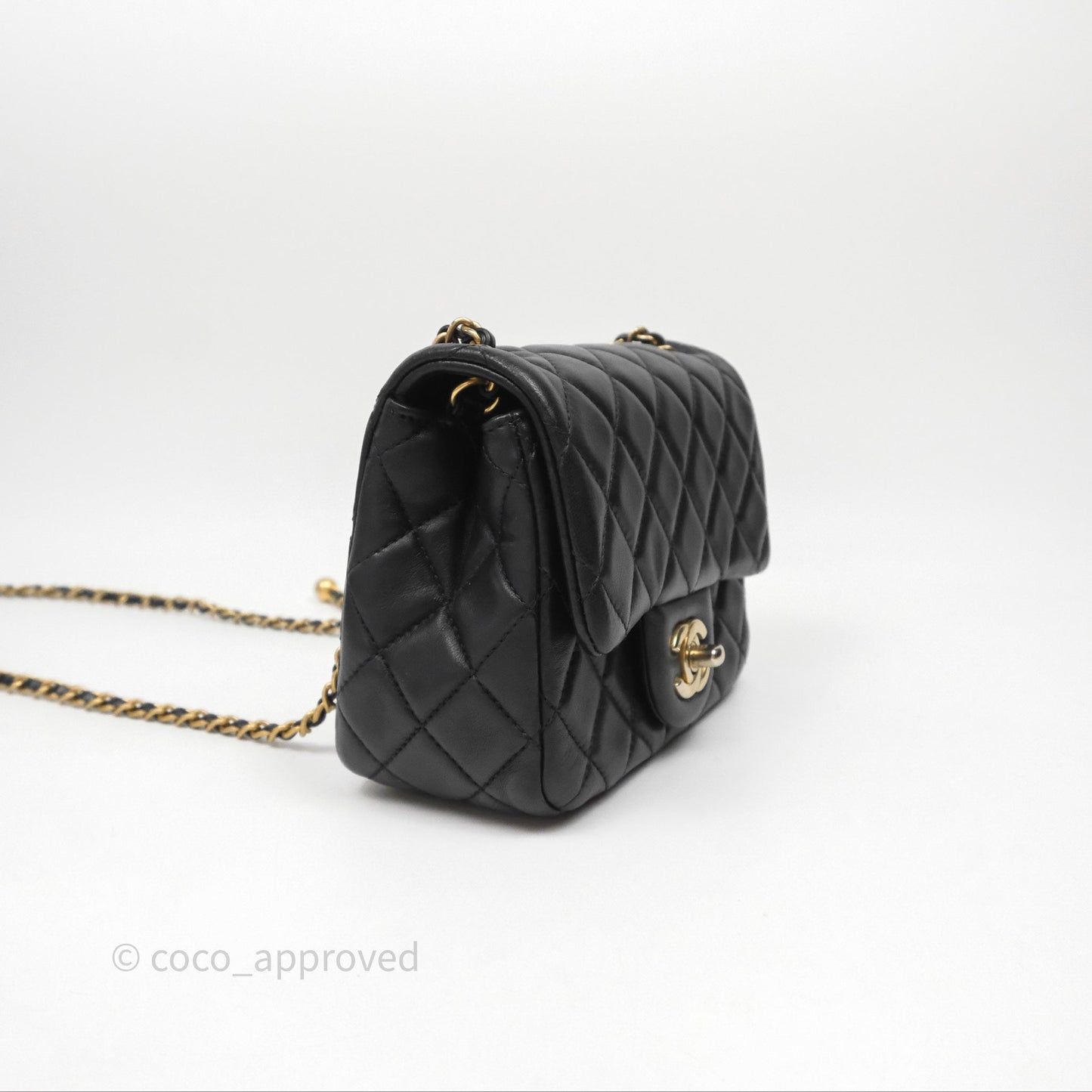 Chanel Pearl Crush Mini Square Quilted Black Lambskin Aged Gold Hardware