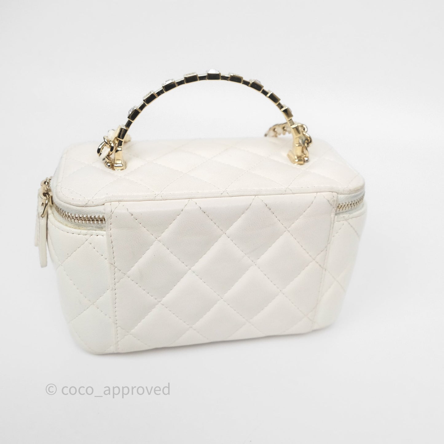 Chanel Logo Crystals Top Handle Vanity Rectangular White Lambskin Gold Hardware