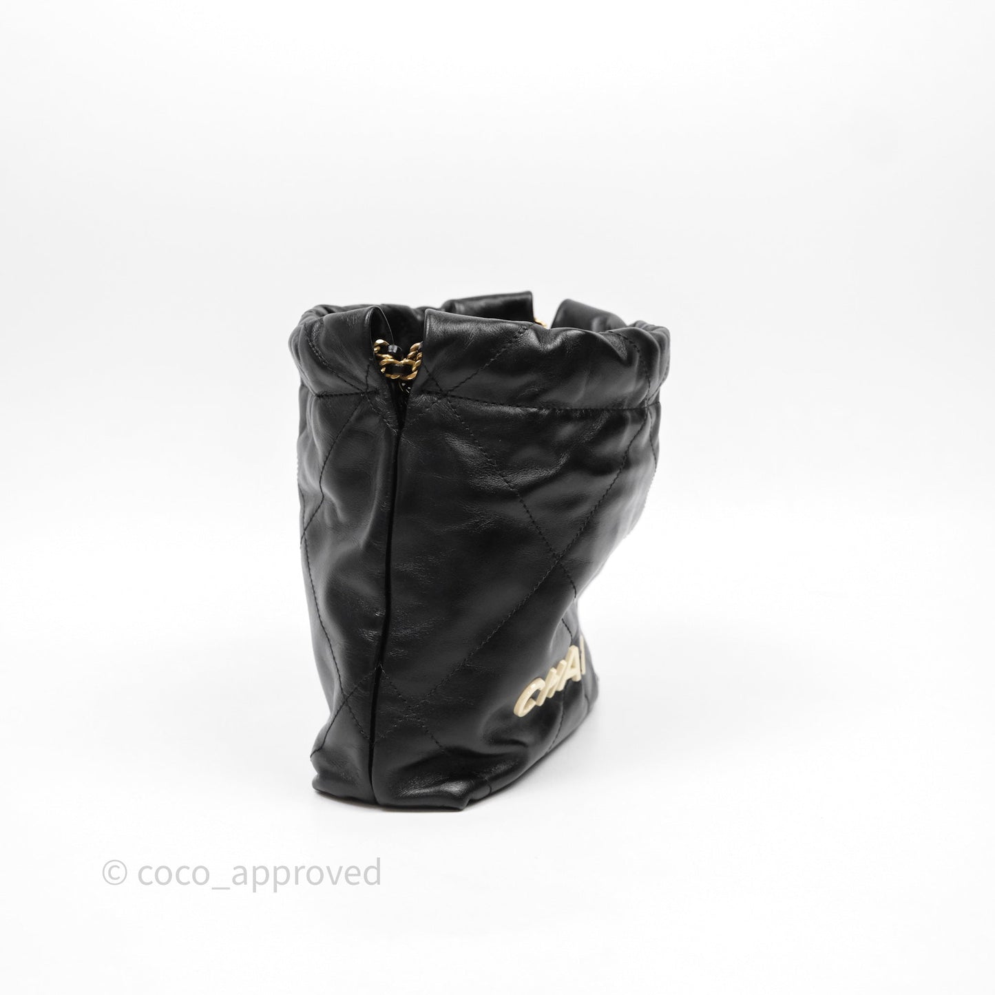 Chanel 22 Mini Bag Black Crumpled Calfskin White Lacquered Metal Logo