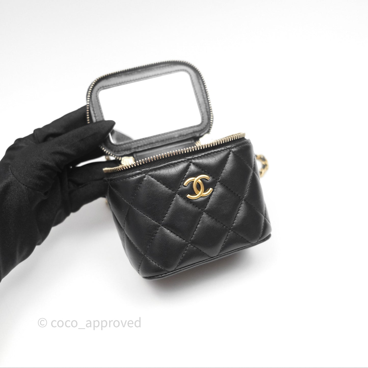 Chanel Mini Metal Top Handle Vanity With Chain Black Lambskin Aged Gold Hardware