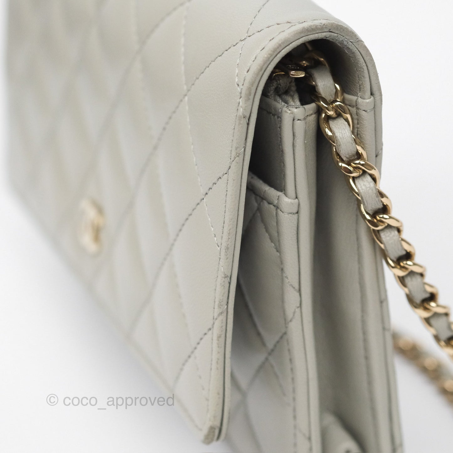 Chanel Classic Quilted Wallet on Chain WOC Light Grey Lambskin Gold Hardware