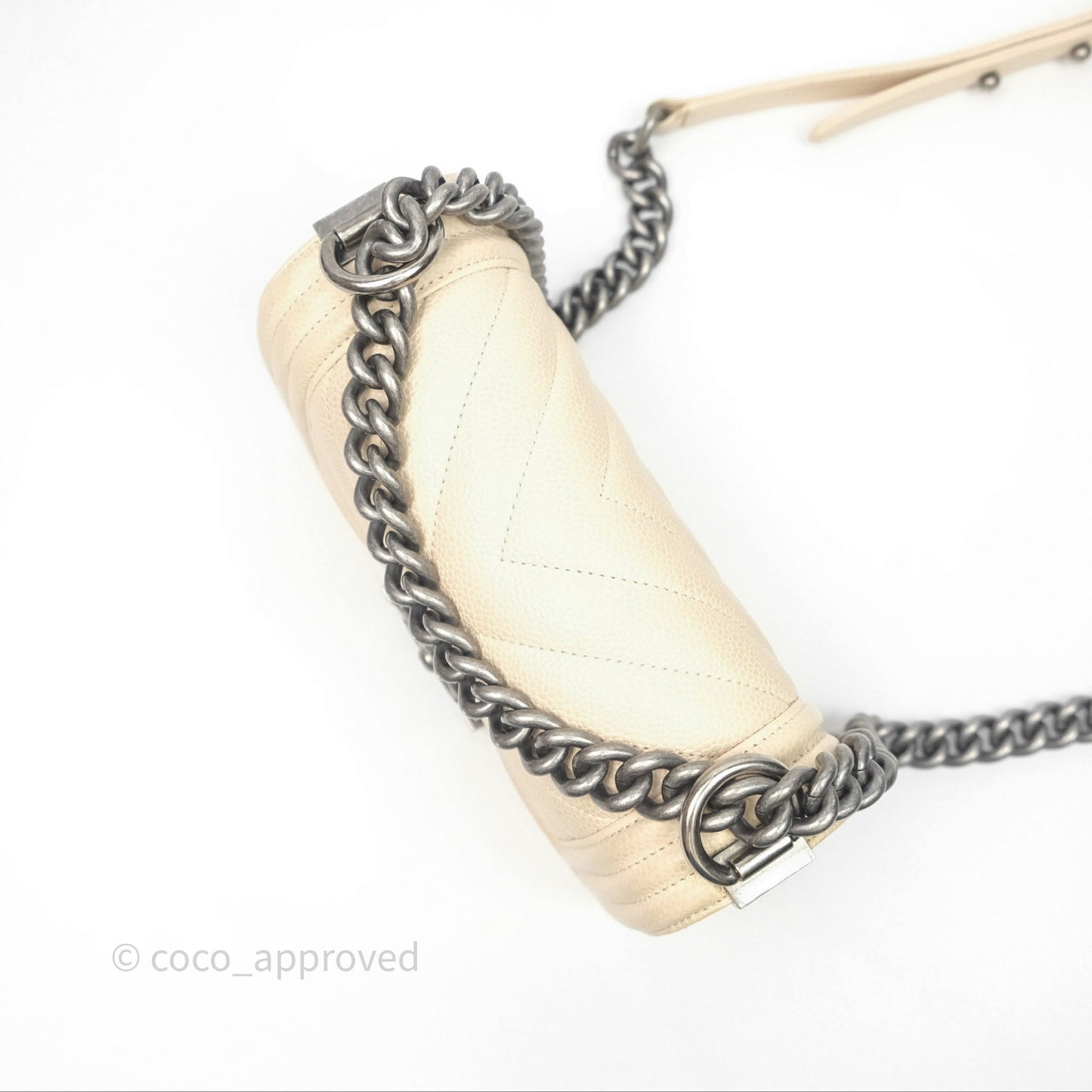 Chanel Small Boy Chevron Beige Caviar Ruthenium Hardware