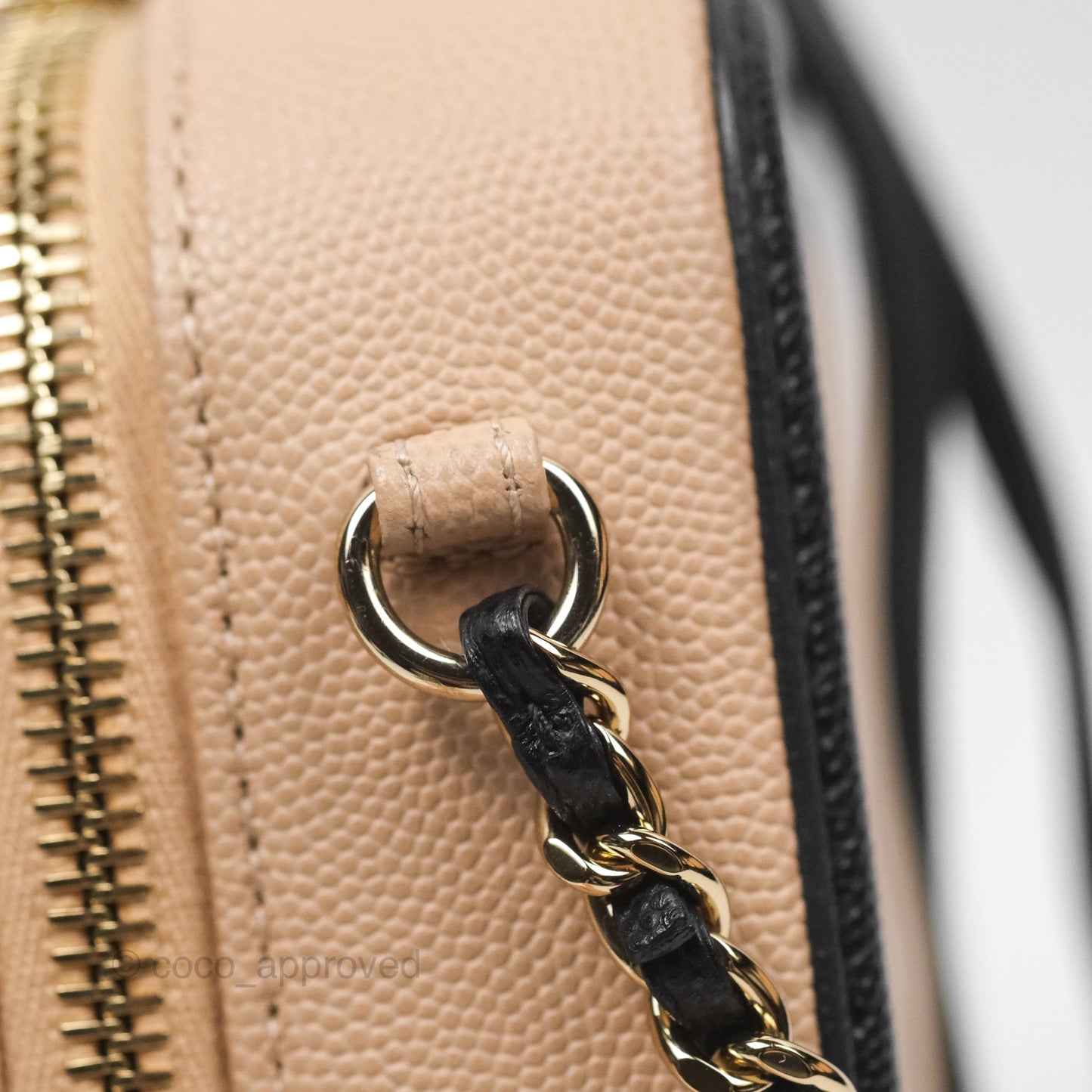 Chanel Quilted New Small CC Filigree Vanity Case Beige Caviar Gold Hardware