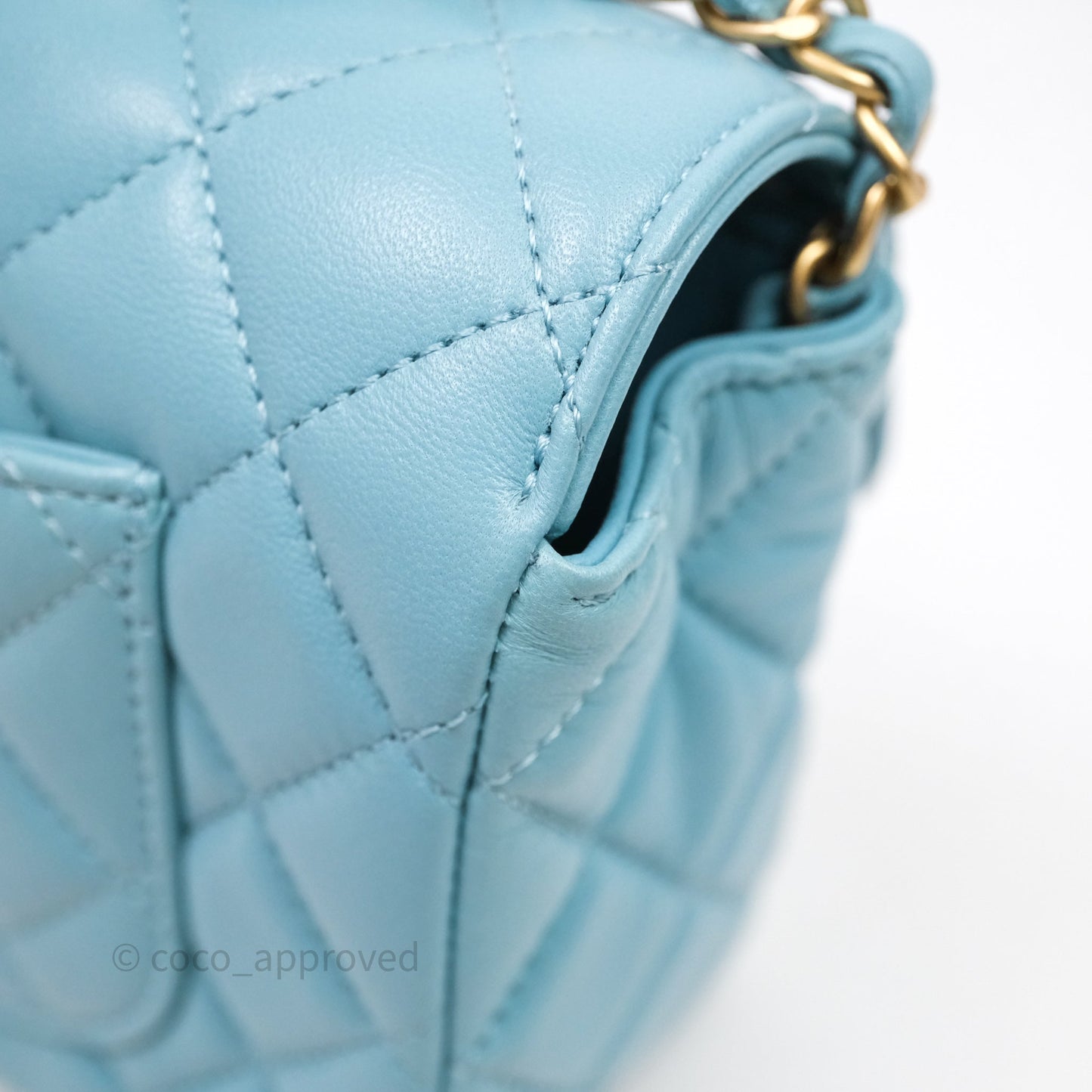 Chanel Flap Bag with Crystal Logo Top Handle Tiffany Blue Lambskin Aged Gold Hardware