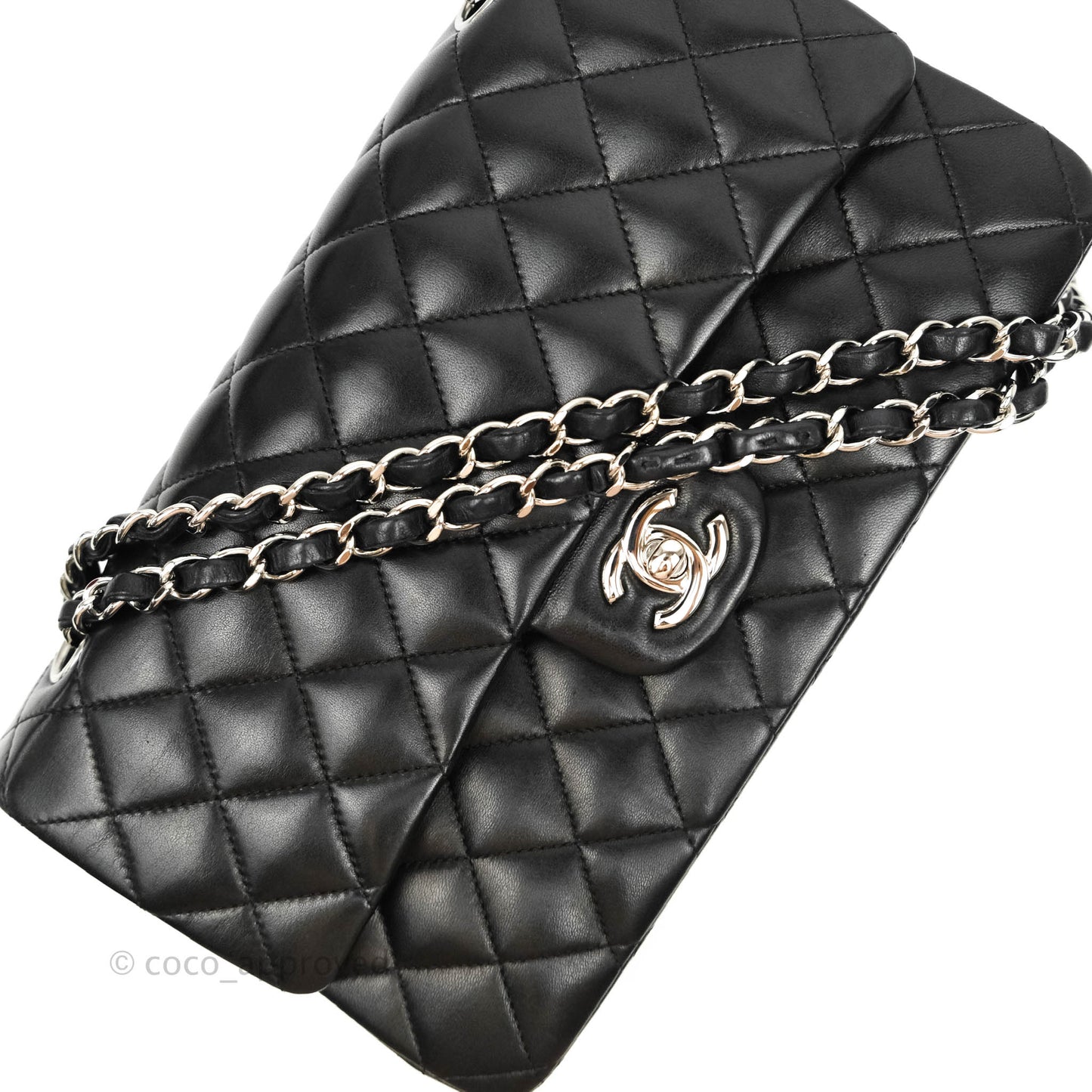 Chanel Classic M/L Medium Double Flap Black Lambskin Silver Hardware
