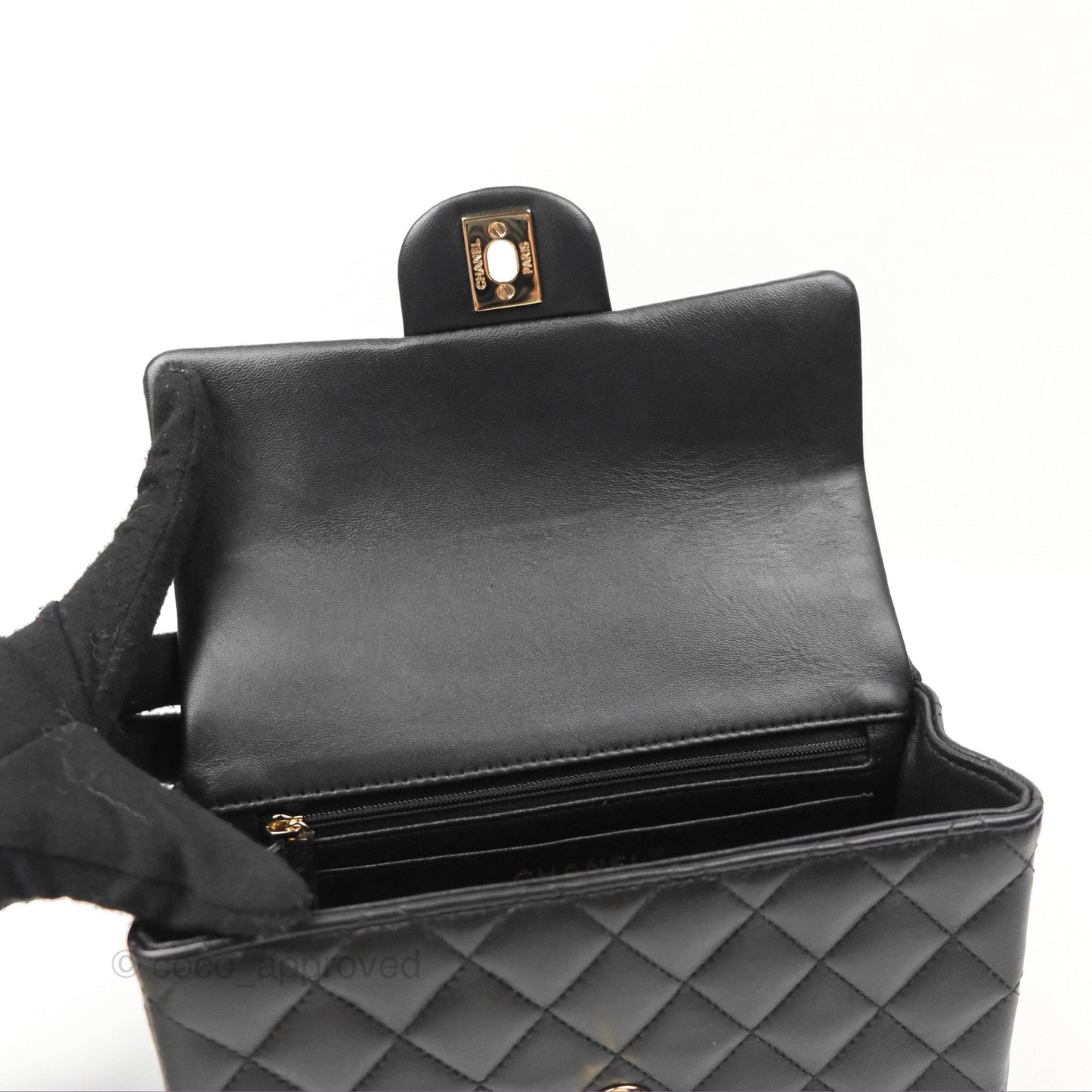 Chanel Top Handle Mini Rectangular Flap Bag with Charm Black Lambskin Gold Hardware