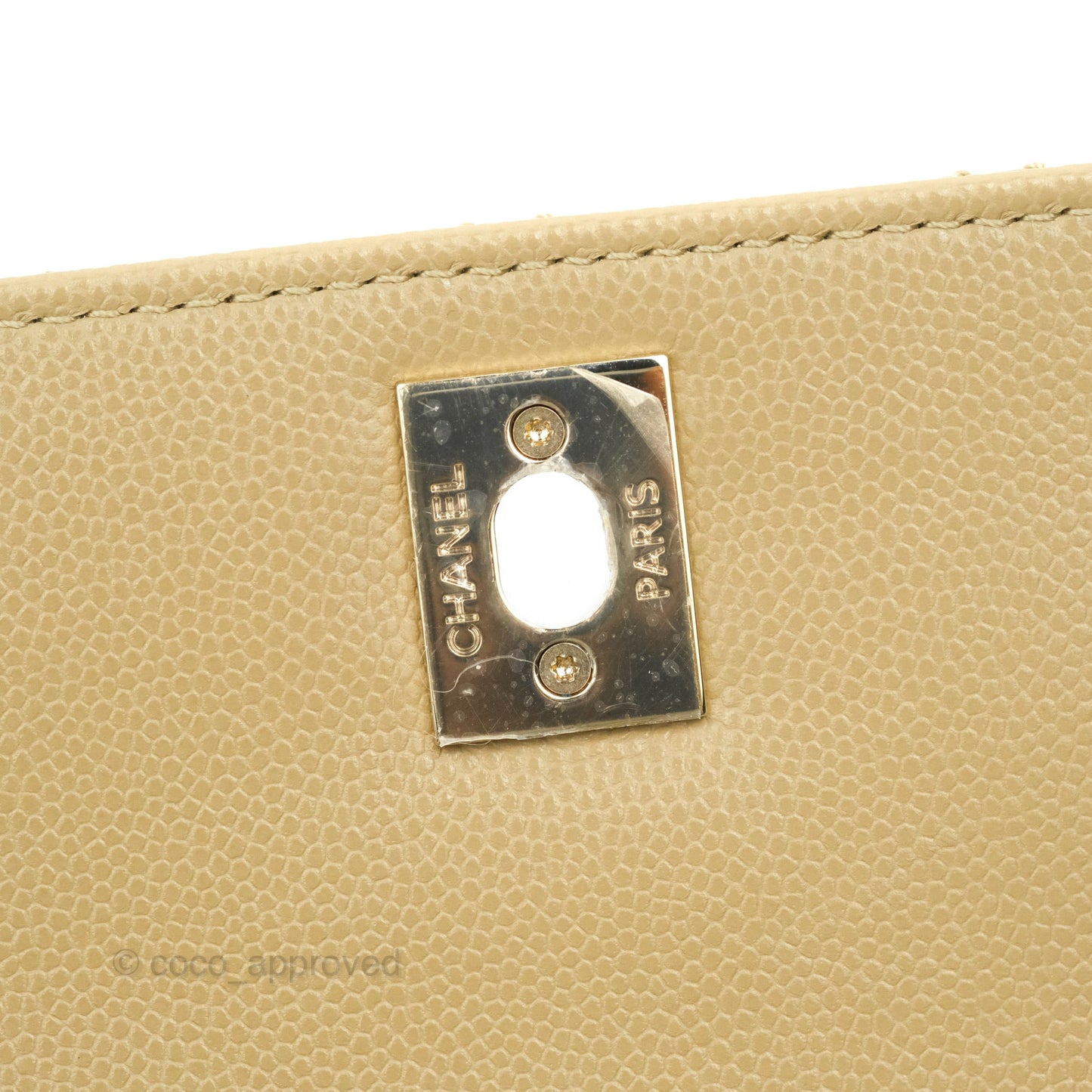 Chanel Small Coco Handle Quilted Dark Beige Caviar Gold Hardware Lizard Embossed Handle 21A