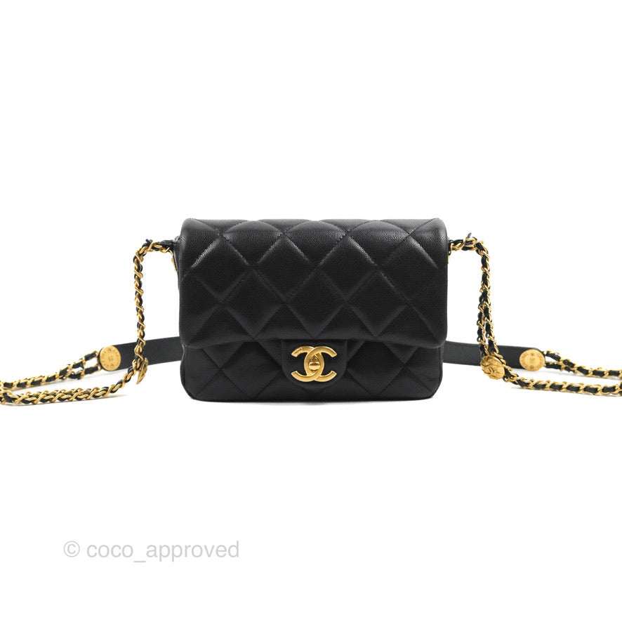 Chanel Small Flap with Coin Charm Black Caviar Aged Gold Hardware 22A