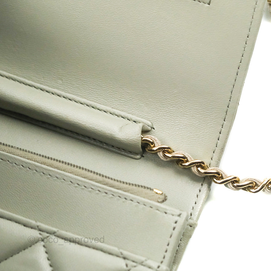 Chanel Quilted Classic Wallet on Chain WOC Light Grey Lambskin Gold Hardware