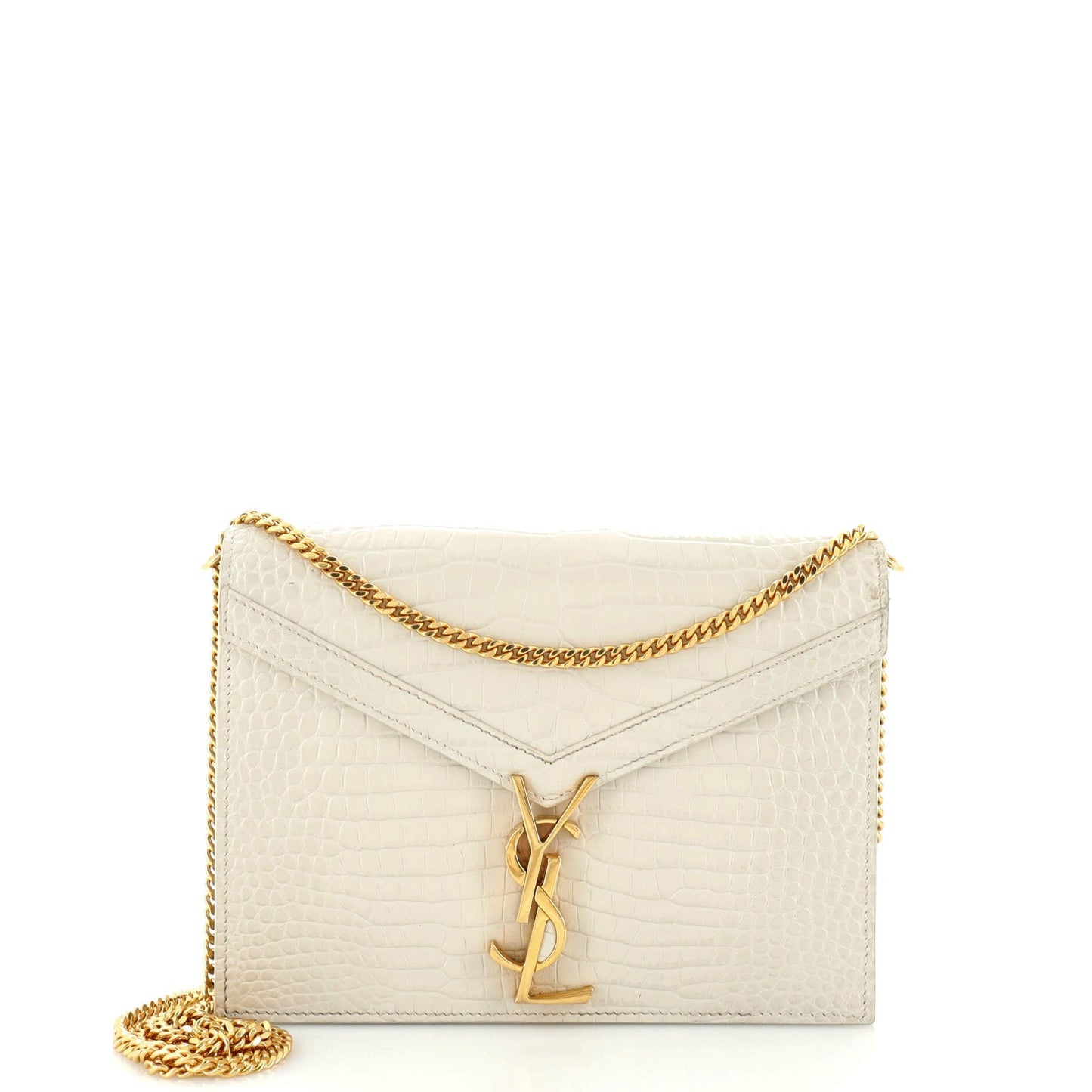 Luxury Saint Laurent Cassandra Chain Shoulder Bag Crocodile Embossed Leather Small