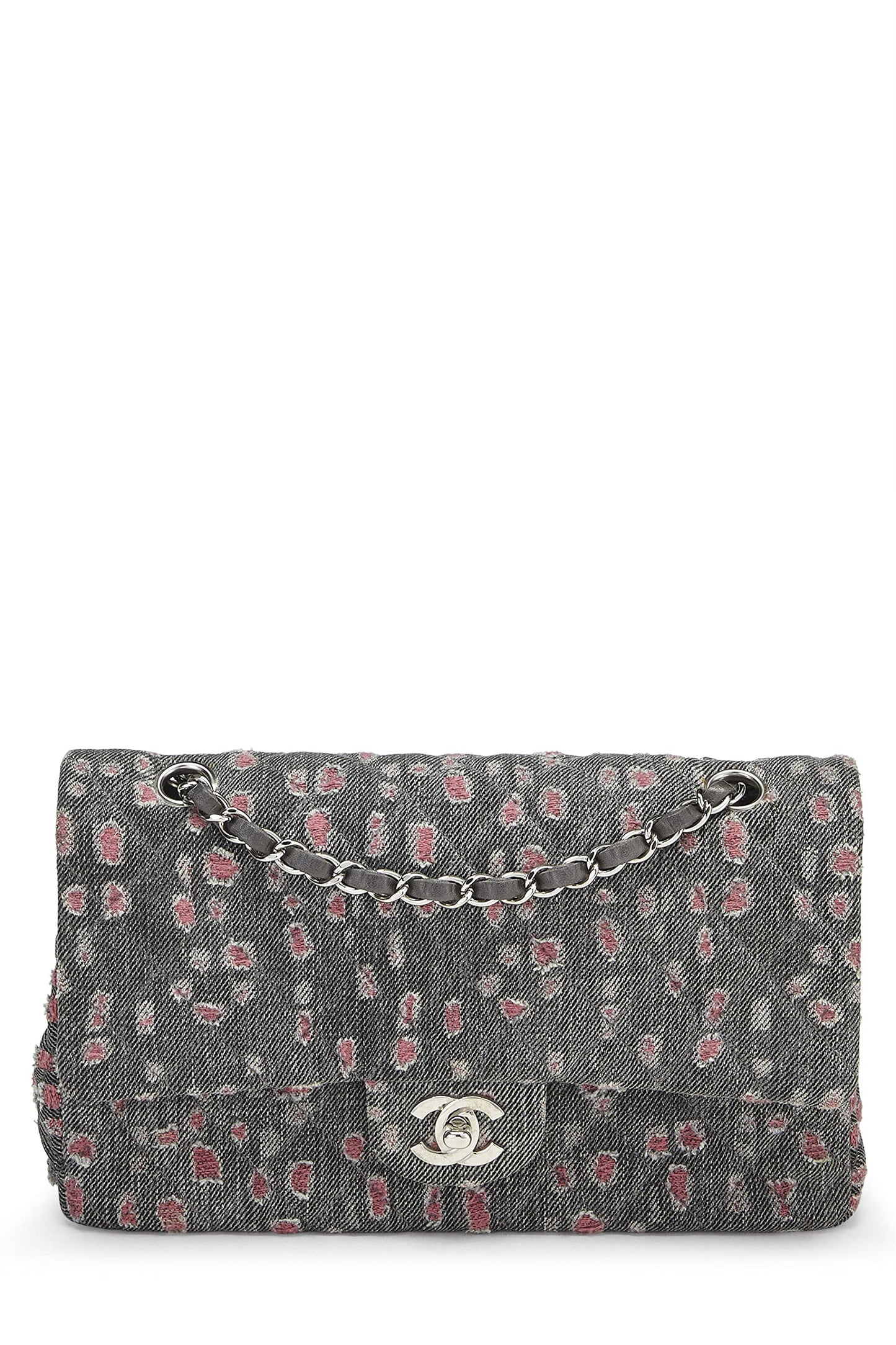 Chanel,  Grey & Pink Distressed Denim Classic Double Flap Medium, Pink