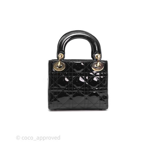 Christian Dior Mini Lady Dior Black Patent Gold Hardware
