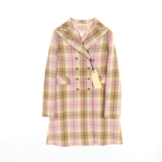 Luxury Gucci Trending 2025 Children Coat Check Flower embroidery Wool Nylon Gray brown Pink Light green Kids