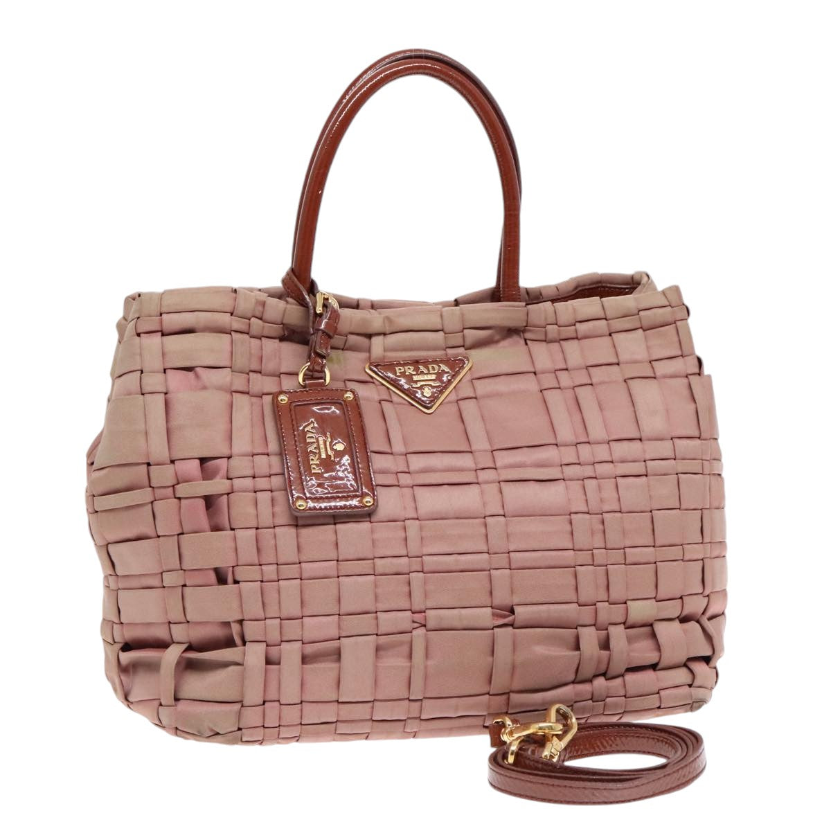 Luxury Prada Hand Bag Nylon Enamel 2way Brown Gold  92117