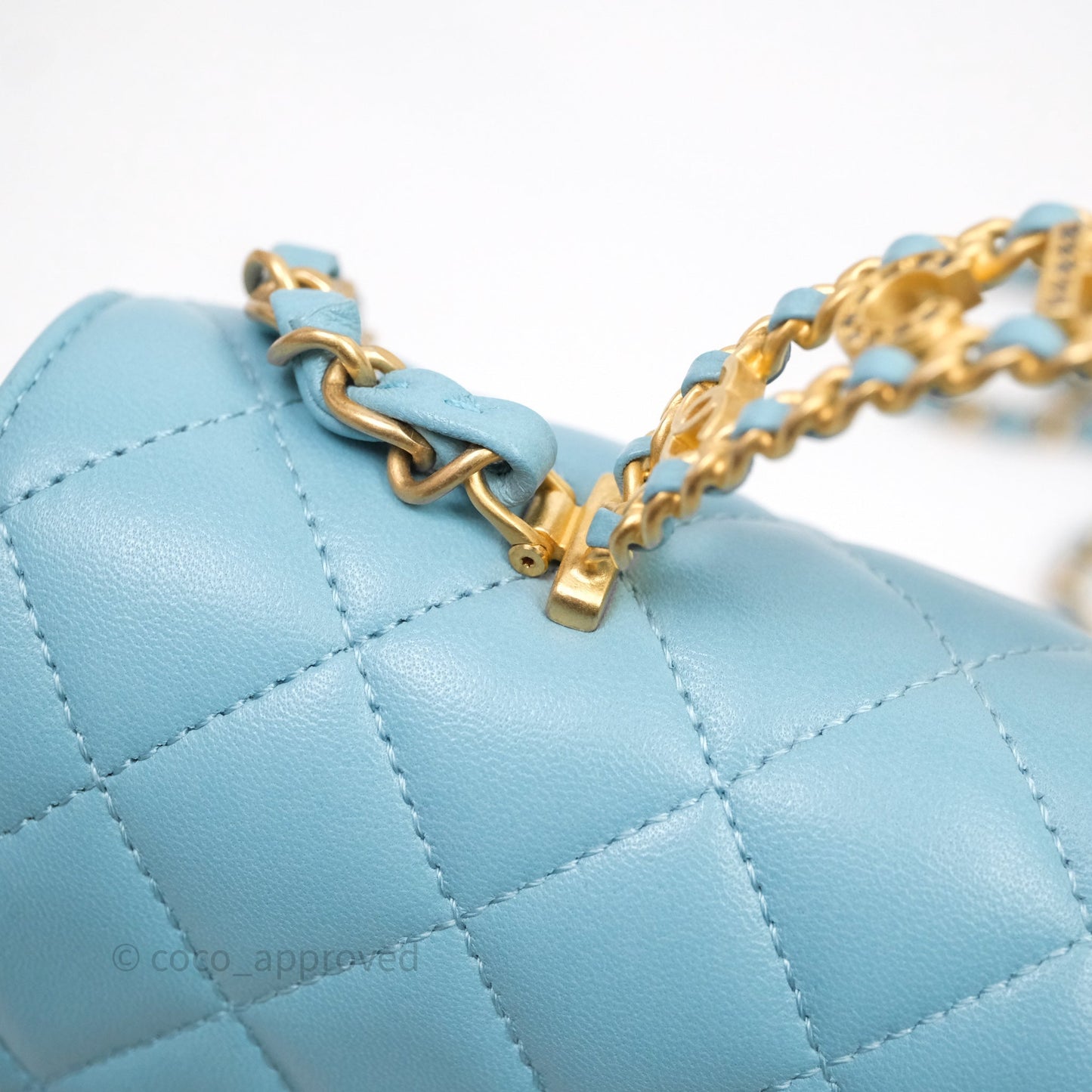 Chanel Flap Bag with Crystal Logo Top Handle Tiffany Blue Lambskin Aged Gold Hardware