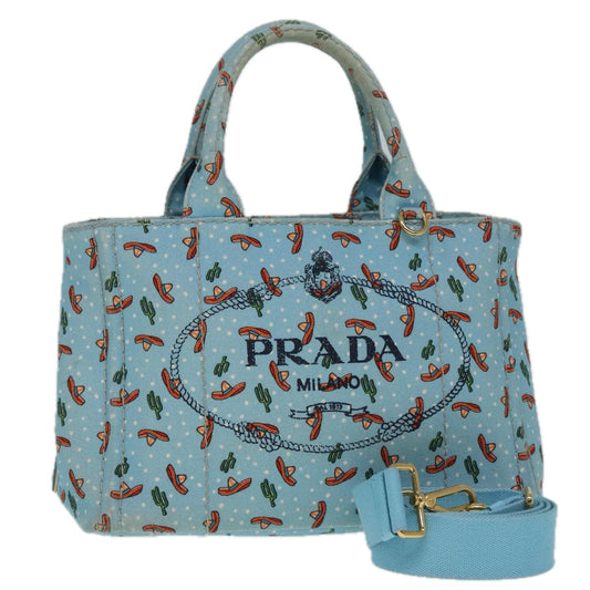 Luxury Prada Canapa PM Hand Bag Canvas 2way Light Blue Gold  92123
