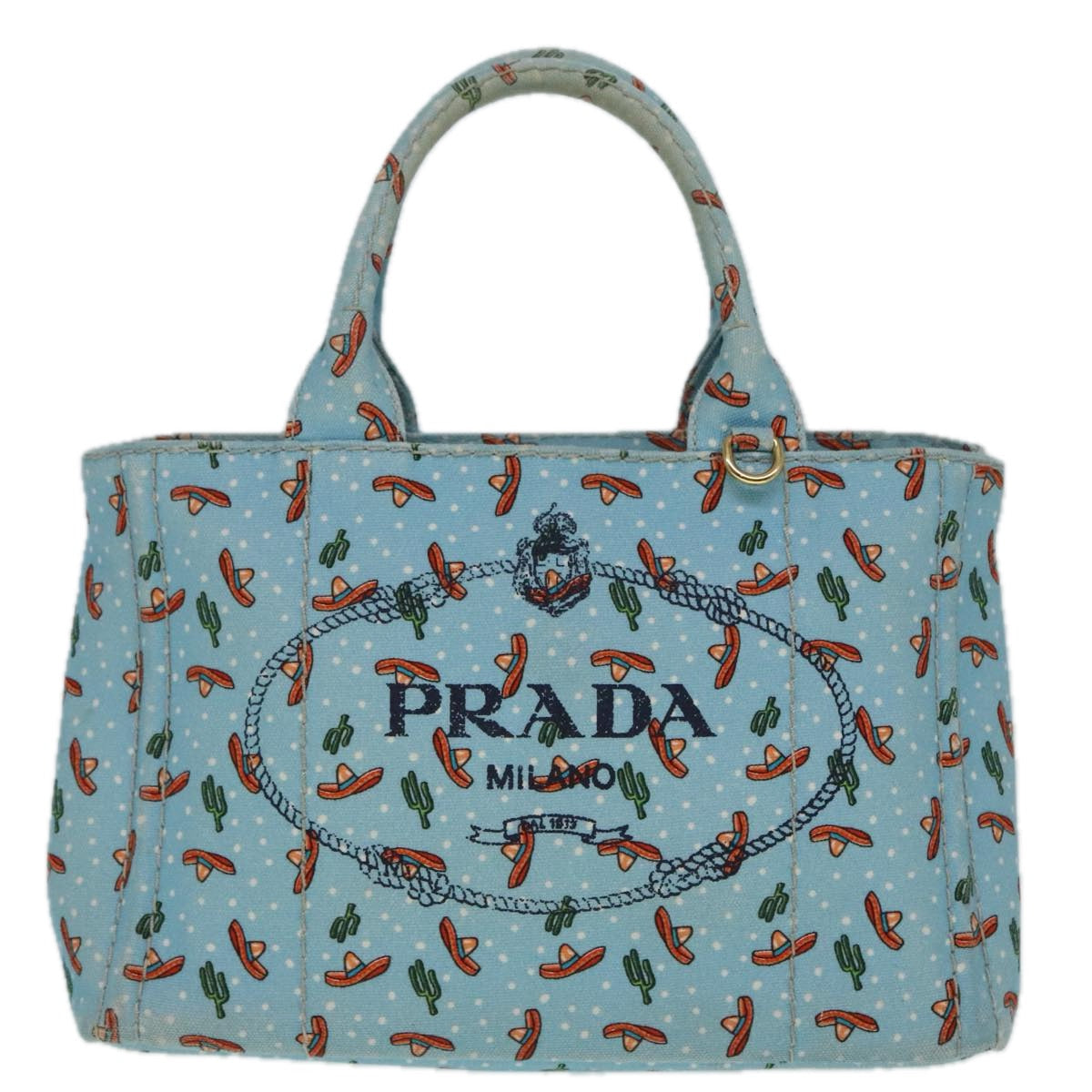 Luxury Prada Canapa PM Hand Bag Canvas 2way Light Blue Gold  92123