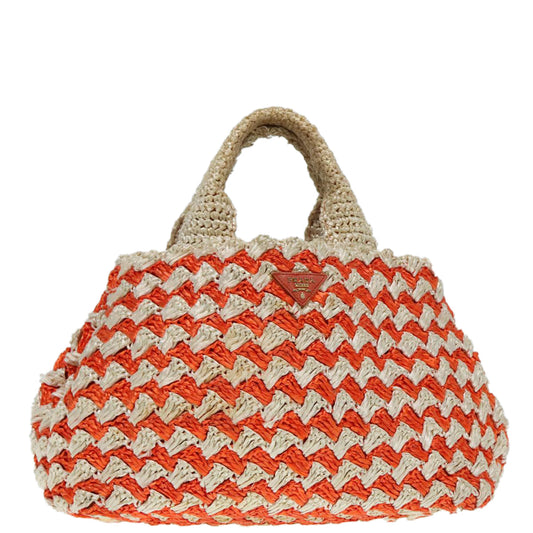 Luxury Prada Canapa MM Hand Bag Raffia Beige Orange Gold  92124