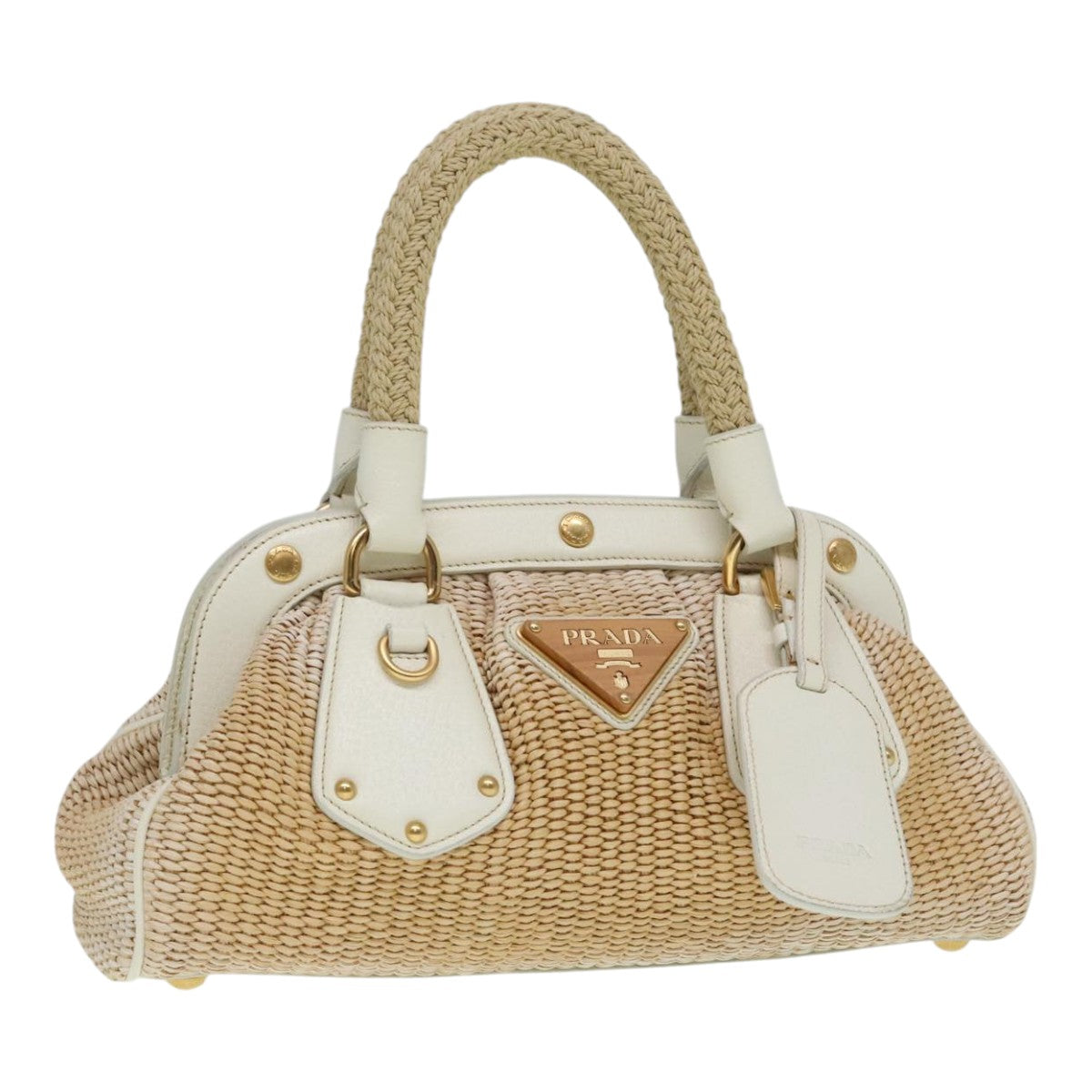 Luxury Prada Hand Bag Straw Beige White Gold  92126