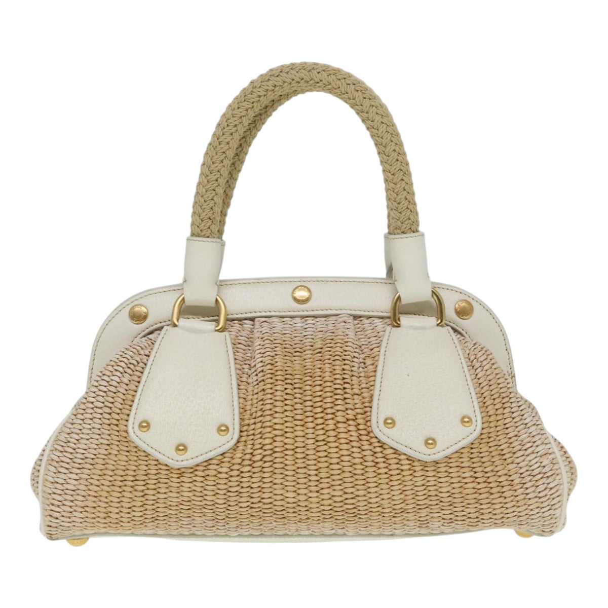 Luxury Prada Hand Bag Straw Beige White Gold  92126