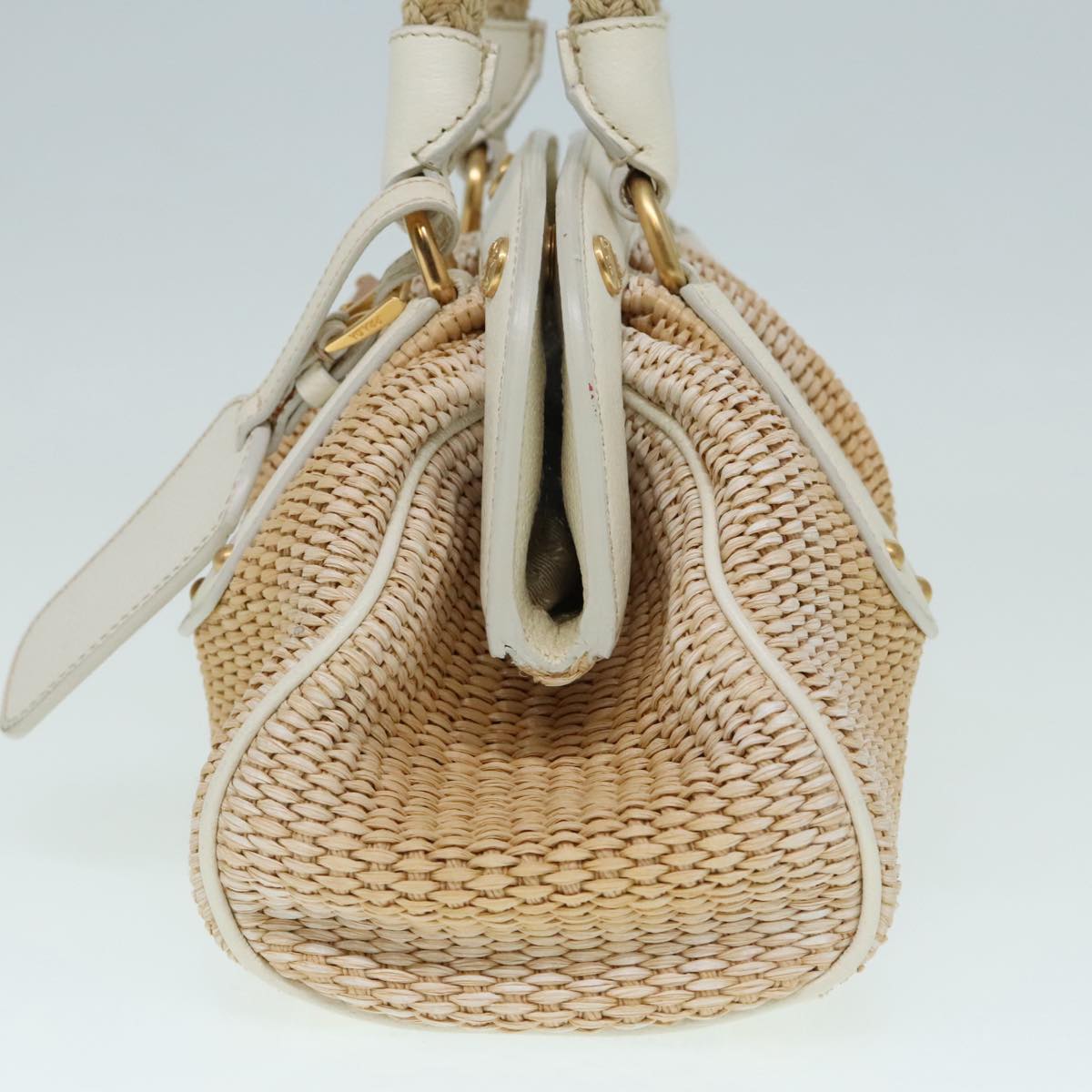 Luxury Prada Hand Bag Straw Beige White Gold  92126