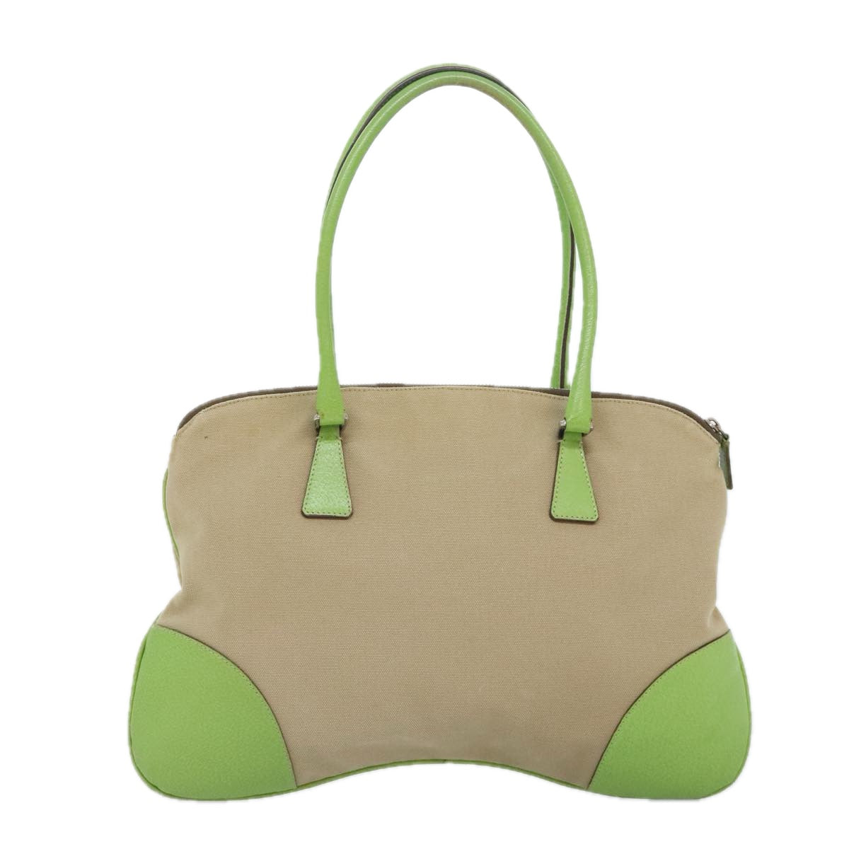 Luxury Prada Hand Bag Canvas Beige Green Silver  92186