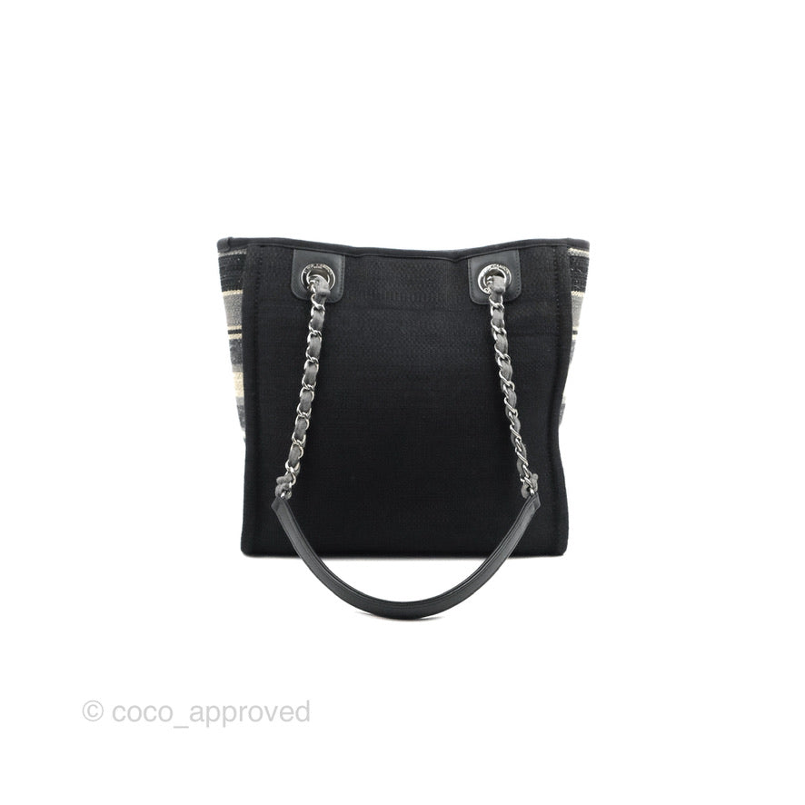 Chanel Mini Deauville Tote Black Stripe Canvas Silver Hardware