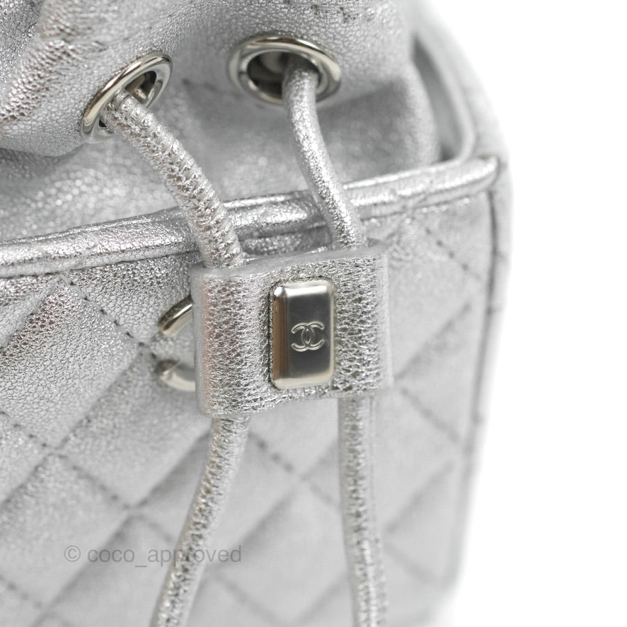Chanel Mini Drawstring Bucket Bag with Chain Metallic Silver Calfskin Silver Hardware