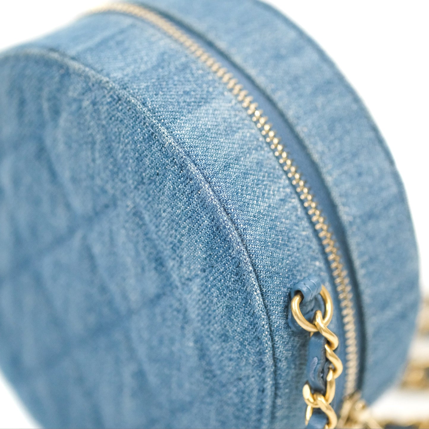 Chanel Quilted Pearl Crush Round Clutch With Chain Denim Aged Gold Hardware